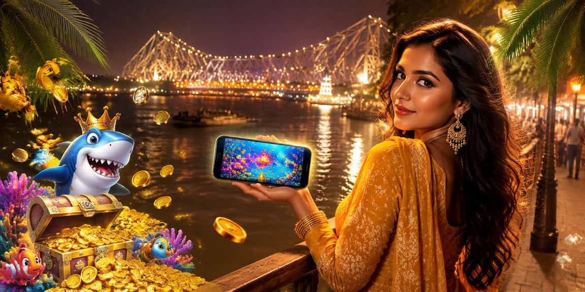 Evening view of Howrah Bridge with crowd playing Teen Patti outdoors in Kolkata